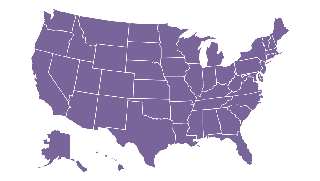 A solid purple map of the United States, outlined in white, ideal for bookkeeping or accountant presentations. - kotsoconsulting.com Map-of-us1-representing-kotso-consulting-cpa-firm-serving-all-50-states