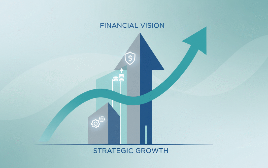 Graph with upward arrow, bar chart, and icons representing a CFO's financial vision and strategic growth on blue background.