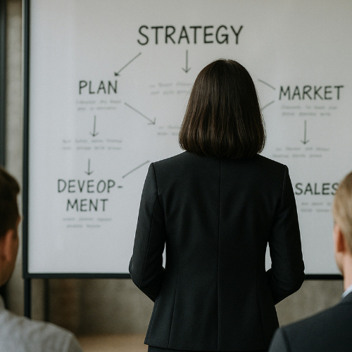 Thoko (7) A woman in a suit stands by a strategy diagram, leading a financial presentation on bookkeeping.
